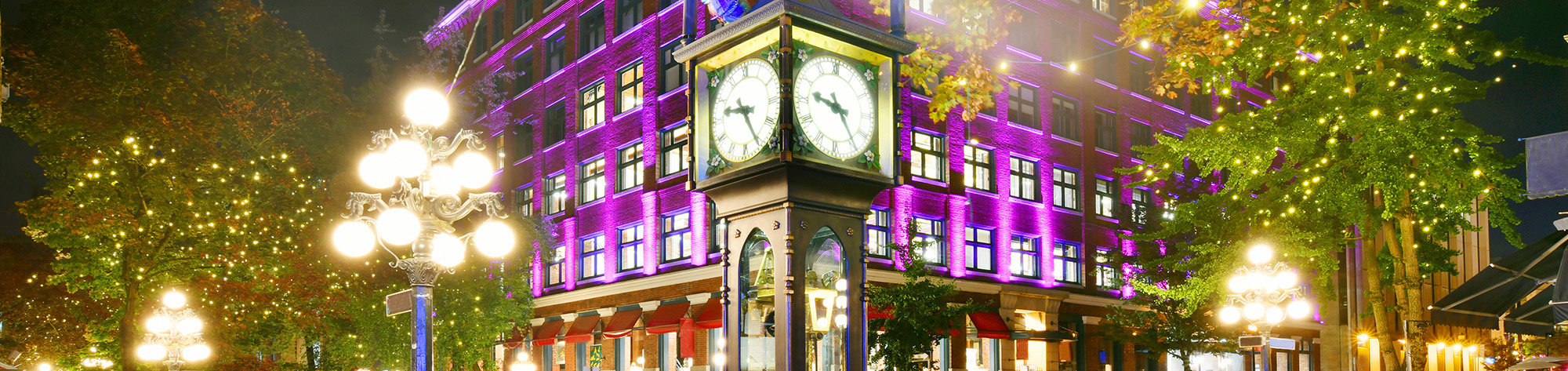 Night view of Historic Steam Clock in Gastown Vancouver, British Columbia, Canada